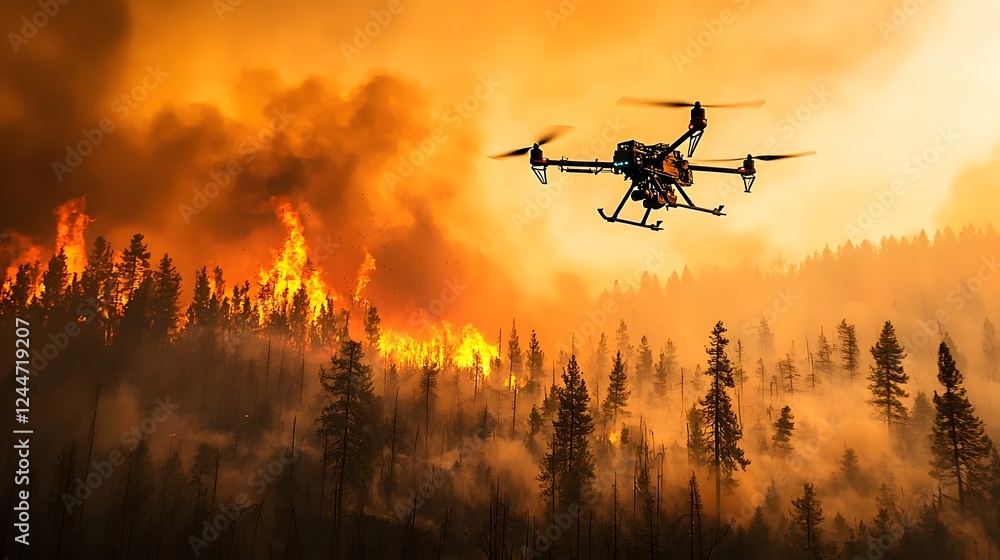Poster autonomous firefighting drone equipped with advanced technology soaring over a raging forest fire wo