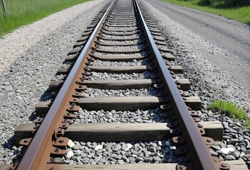 Fototapeta premium Close-up of Railroad Tracks: Rails, Fasteners, and Ties in a Serene Landscape