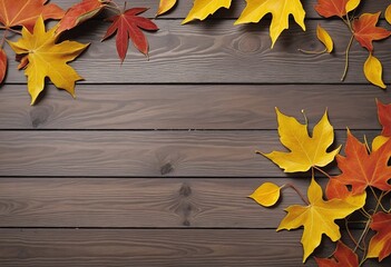 Obraz premium Rustic Autumn Harvest: Vibrant Pumpkins and Colorful Leaves on a Wooden Background