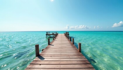Fototapeta premium Rustic wooden boardwalk over tranquil marine waters, peaceful, shore, nature