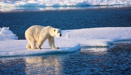Majestic Polar Bear Ursus maritimus Walking on Melting Icefloe against a Dramatic Sunset over Baffin Bay, Nunavut, Canada