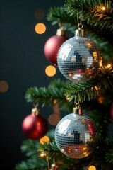 Naklejka premium Sparkling silver disco balls hung from a festive Christmas tree background, glittering lights, metallic decor