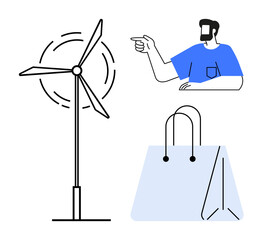 Wind turbine generating energy, a person pointing, and a shopping bag. Ideal for sustainability, clean energy, eco-friendly shopping, consumer interaction, renewable resources, environmental