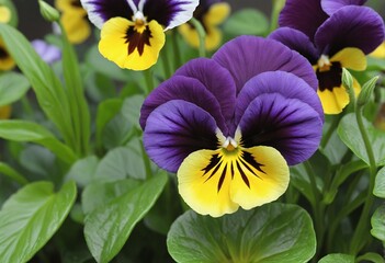 Vibrant Tricolour Pansy Flowers Blooming in a Lush Green Garden
