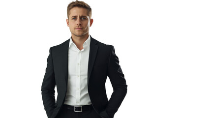 Confident businessman posing with hands in pockets on transparent background