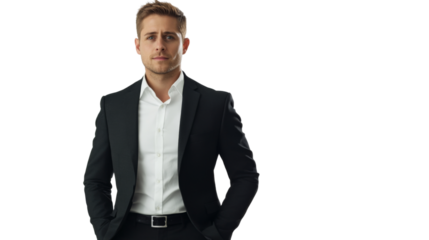 Confident businessman posing with hands in pockets on transparent background