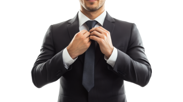 Businessman adjusting his tie on transparent background
