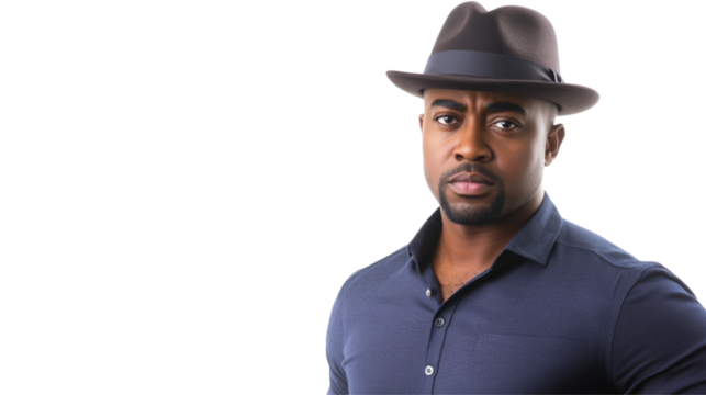 Serious elegant black man wearing hat with transparent background