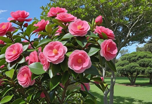 Vibrant Crimson Camellia Japonica Blooming on a Lush Green Tree