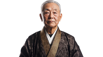 Portrait of senior japanese priest wearing traditional clothing on transparent background