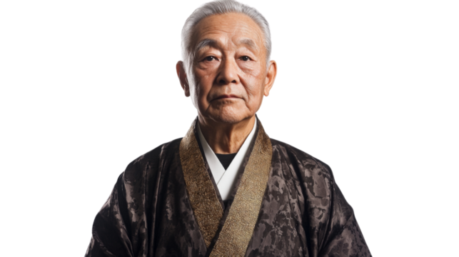 Portrait of senior japanese priest wearing traditional clothing on transparent background