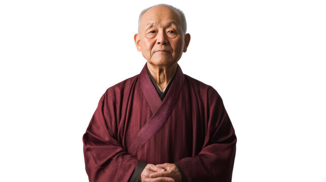 Senior monk wearing traditional maroon kasaya robe on transparent background