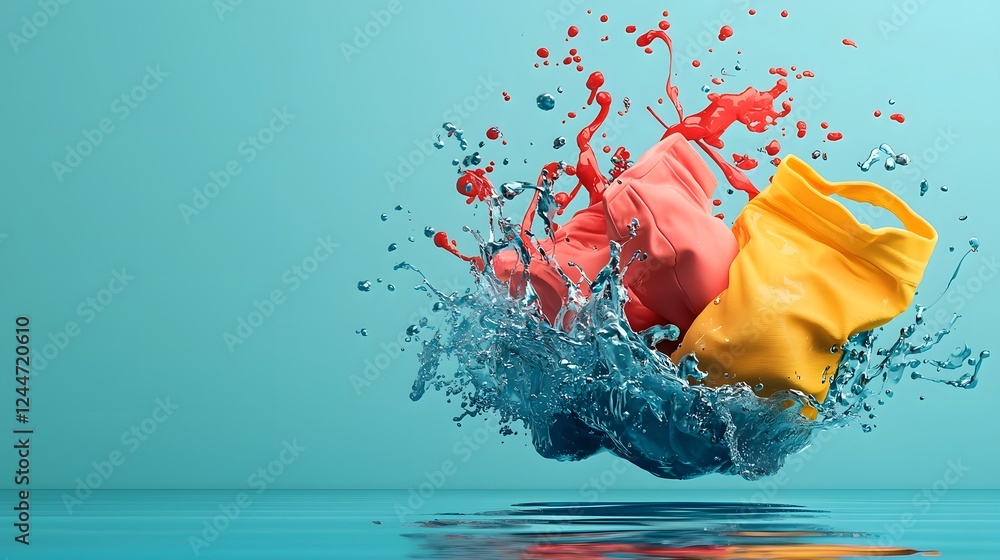 Aufkleber Close up view of colorful biodegradable laundry detergent pods dissolving and swirling in water creating a dynamic and vibrant abstract background with flowing textured patterns and bubbles