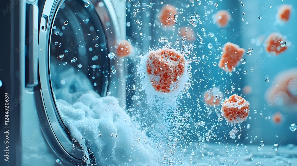Aufkleber Close up view of colorful detergent liquid being poured into an active washing machine with a swirling flow of bubbly soapy foam floating around