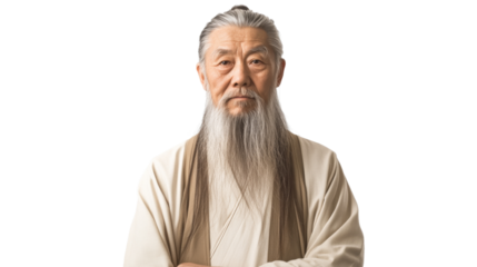 Portrait of kung fu master posing with folded arms on transparent background