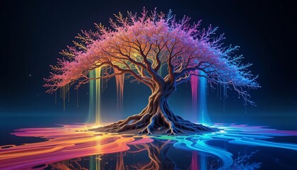 Magical Rainbow Tree of Life Glowing Branches Vibrant Colors Fantasy Art