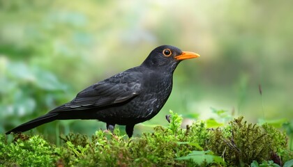 Striking Portrait of a Common Blackbird Turdus merula Amidst Lush European Green Vegetation at Dusk Capturing the Wildlifes Enchanting Vitality
