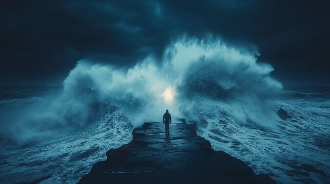 Lone figure facing stormy ocean waves at night; dramatic landscape