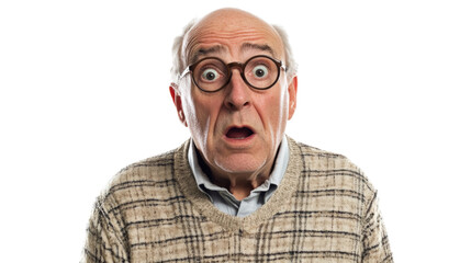 Obraz premium Surprised senior man showing astonishment on transparent background