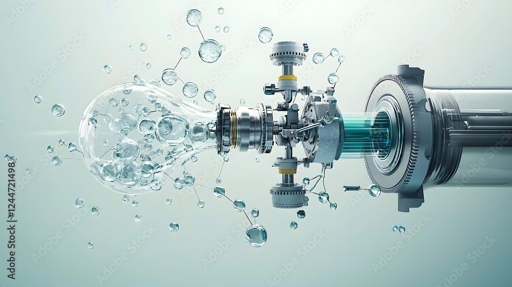 Poster conceptual depicting a car engine that transforms water molecules into hydrogen energy showcasing an
