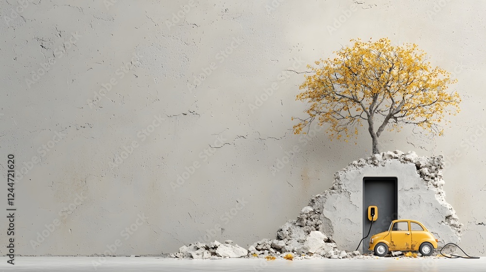 Poster conceptual image of a tree growing from the charging port of an electric vehicle
