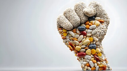 Fototapeta premium Conceptual image of a muscular arm flexing formed entirely from an arrangement of different protein rich natural food ingredients like vegetables fruits nuts legumes and other wholesome