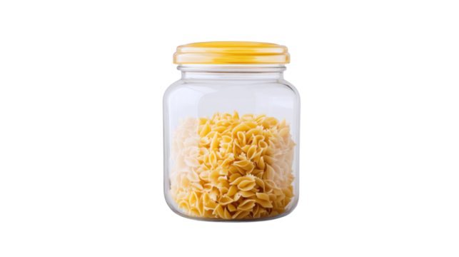 Glass jar filled with uncooked creste di gallo pasta on transparent background