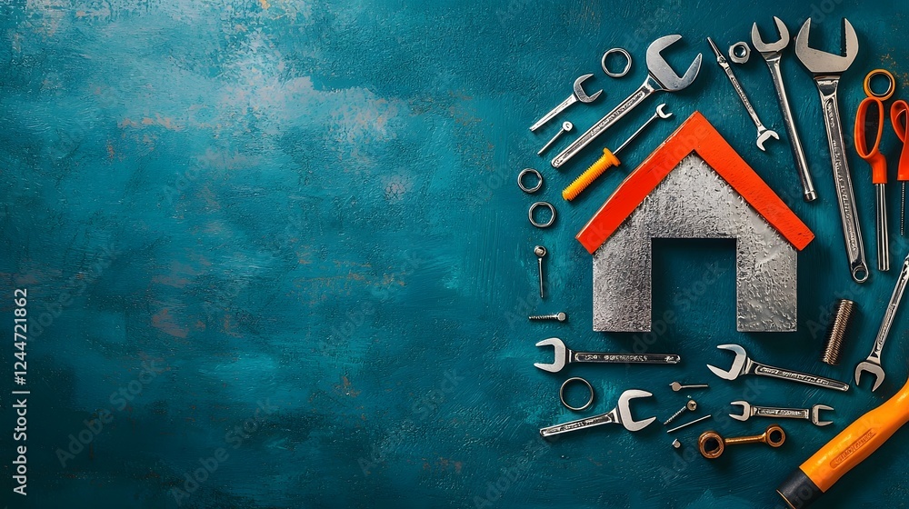 Poster creative conceptual image featuring the outline of a house made up of various construction tools and