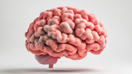 Pinkish Red Textured 3D Human Brain Model on White Background