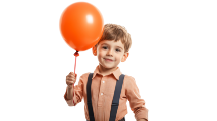 Smiling child holding orange balloon on transparent background