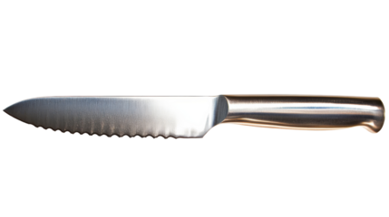Serrated bread knife with metal handle on transparent background
