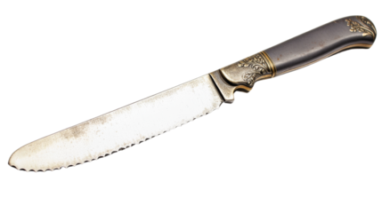 Old serrated knife with ornate handle isolated on transparent background
