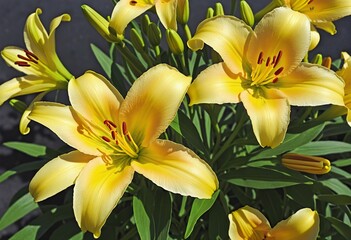 Fototapeta premium Close-up of Vibrant Yellow Lilies in Bloom with Green Foliage