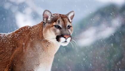 Naklejka premium Majestic Cougar Basking in Winter Wonderland Amidst SnowCapped Mountains at Twilight