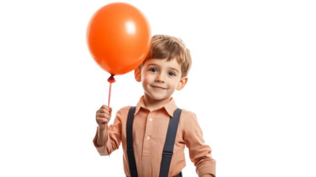 Smiling child holding orange balloon on transparent background - Powered by Adobe