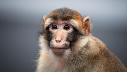 Enchanting Portrait of a Cute Macaque Monkey against a Mysterious Blurred Gray Backdrop, Capturing the Playful Spirit and Inquisitive Gaze of this Intelligent Primate.