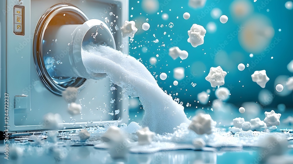 Aufkleber Detailed close up shot of detergent or soap being poured into a washing machine creating a dynamic cascade of water suds and floating bubbles