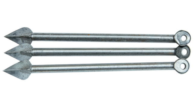 Three metal ground anchors with eyelets on transparent background