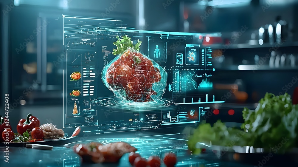 Aufkleber digital concept of a self cleaning high tech kitchen counter with advanced sensors and holographic d