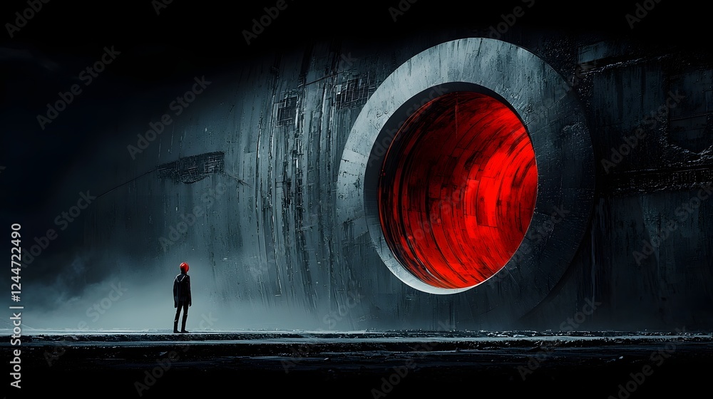 Poster dramatic and moody scene depicting a futuristic glowing energy portal or shield surrounding an exper