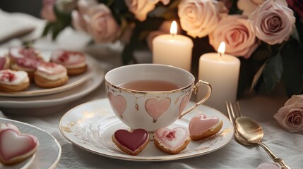 A heartfelt Valentine's tea setting, featuring fine china teacups with gold detailing, heart-shaped pastries, flickering candles, and soft pink roses arranged elegantly