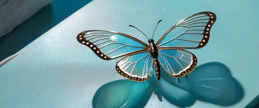 Mesmerizing Fantasy Butterfly with Crystalized Wings on a Serene Blue Stone - Powered by Adobe