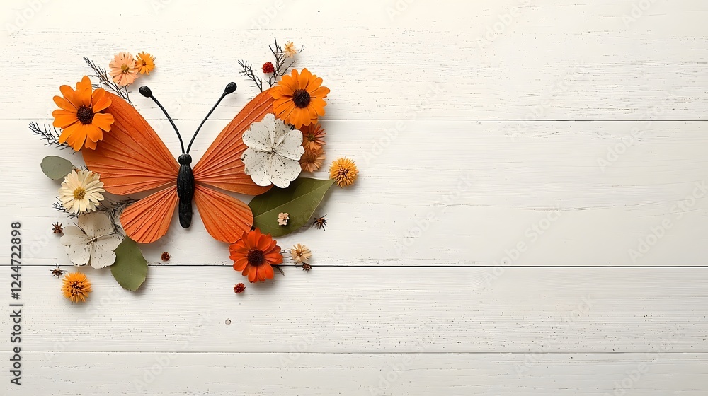 Aufkleber Enchanting floral butterfly composition formed using an array of vibrant petals leaves and other botanical elements creating a dreamy natural and display