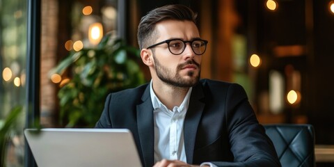 Man working on laptop in modern office, demonstrating professional focus and utilizing technology.