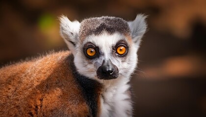 Fototapeta premium Striking Portrait of a Lemur Catta in a Lush, Jungle Environment, Showcasing the Playful Expression and Captivating Amber Eyes of this Endearing Primates.