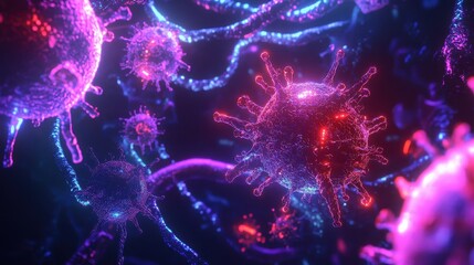 Pathogen network interconnected with neon bio-hacking symbols, pathogens, futuristic biosecurity . 