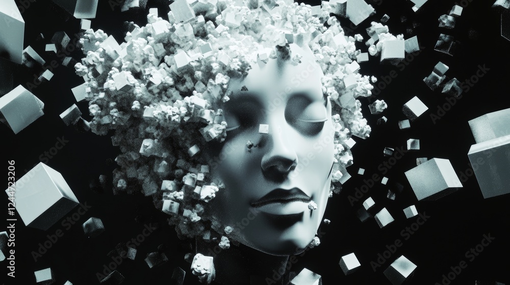 Poster a fractured digital face shatters into sparkling particles, representing stock and technology.