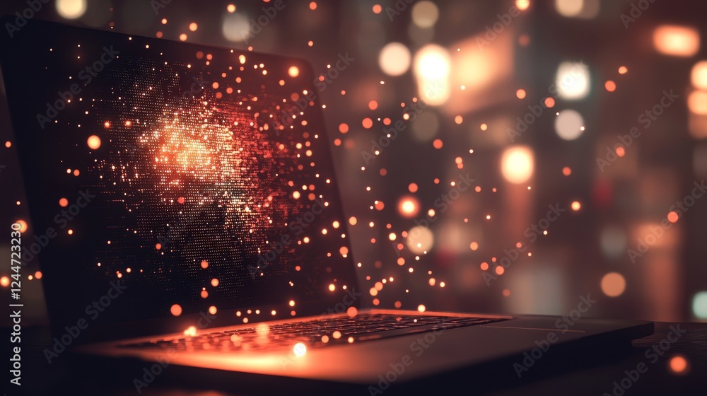 Poster abstract digital rendering of an ai face emerging from a laptop screen, emphasizing modern technolog