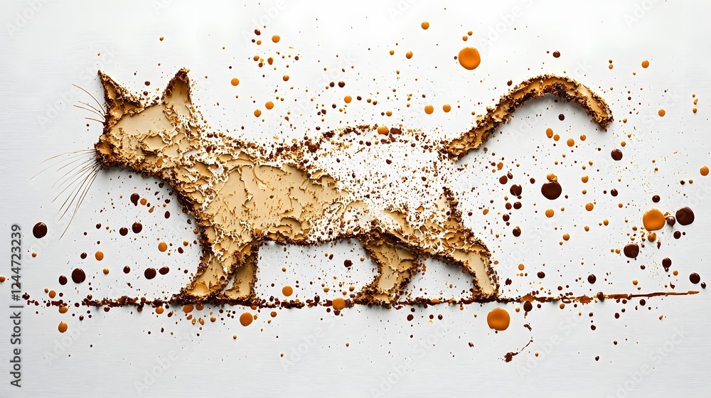 Poster expression created from a coffee spill in the shape of a cat silhouette with abstract splatter patterns and textures