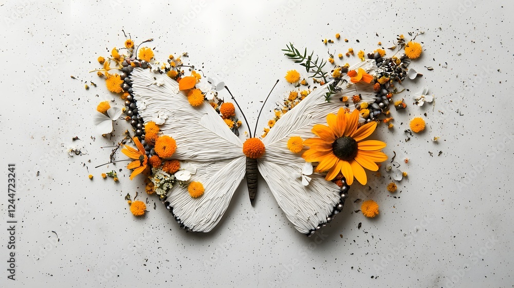 Poster exquisite butterfly shaped floral arrangement crafted from an array of colorful flowers and lush gre